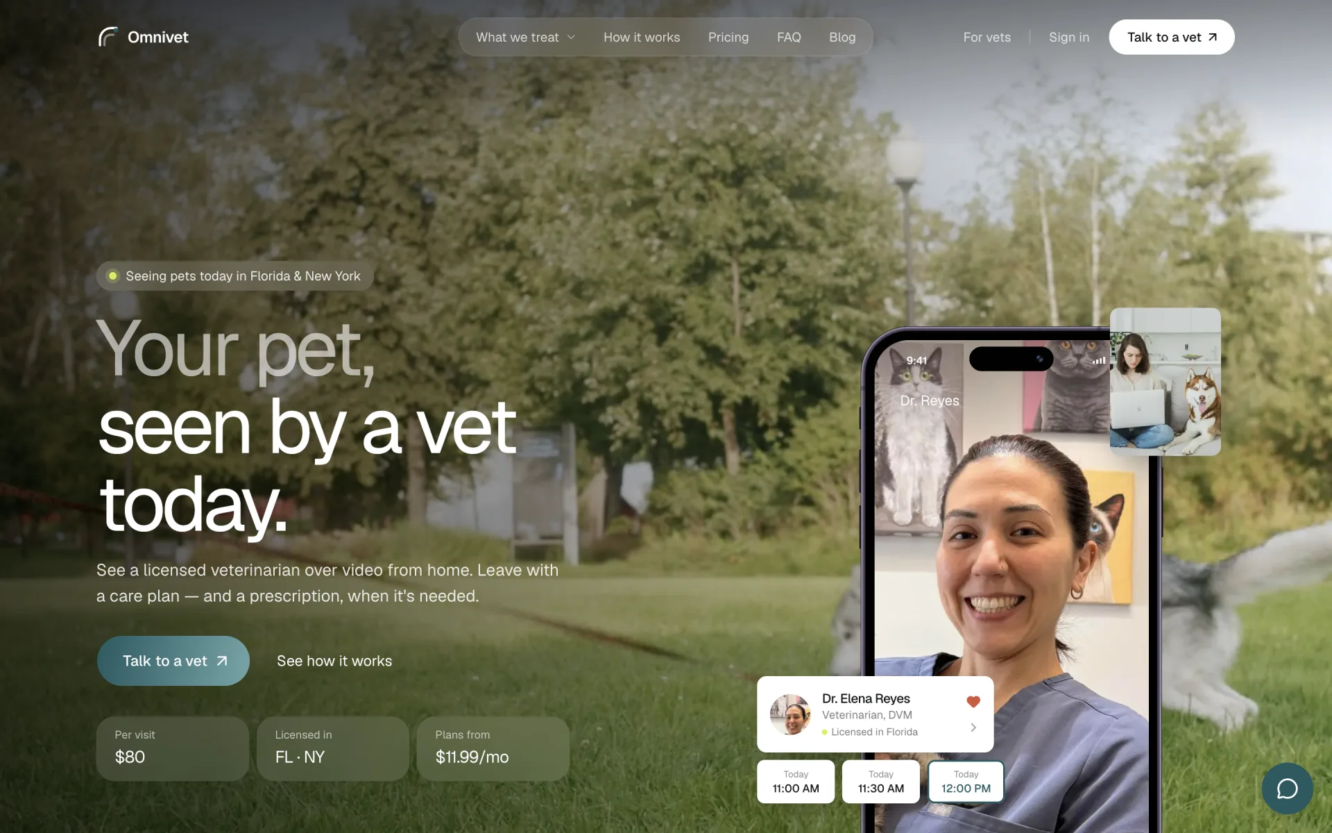 OmniVet home page: “Your pet, seen by a vet today,” with a video visit preview and available appointment times.