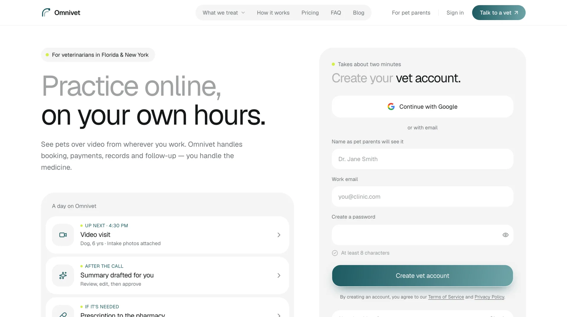 OmniVet for veterinarians page describing online practice with video visits, drafted summaries and prescriptions.