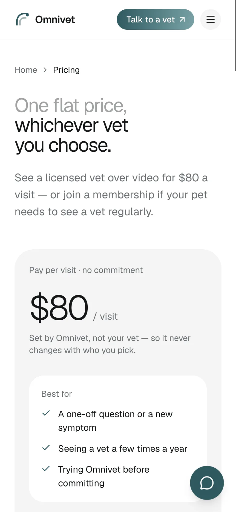 OmniVet pricing on a phone, showing the flat per-visit price.