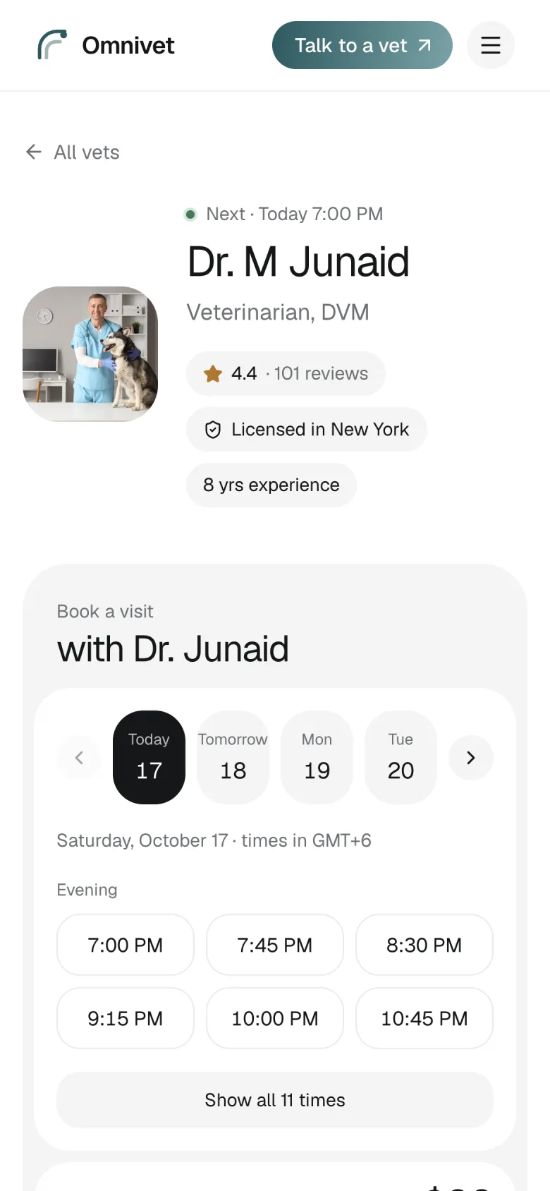 Booking a video visit on a phone: a veterinarian profile with a date picker and evening time slots.