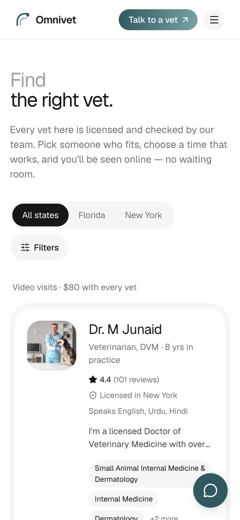 OmniVet veterinarian directory on a phone, filtered by state.