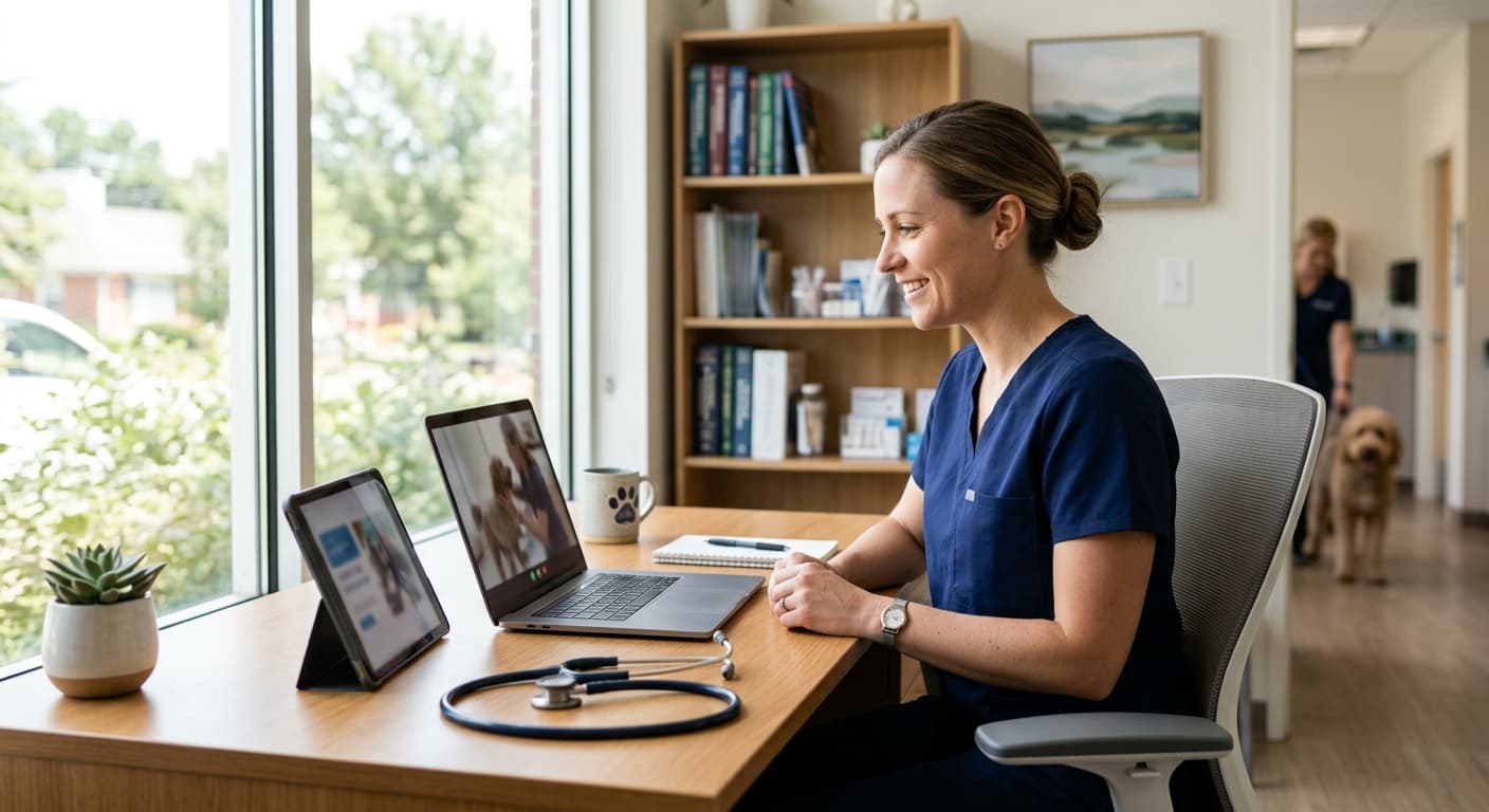 Veterinarian consulting a client online using custom veterinary telehealth software in a modern clinic.