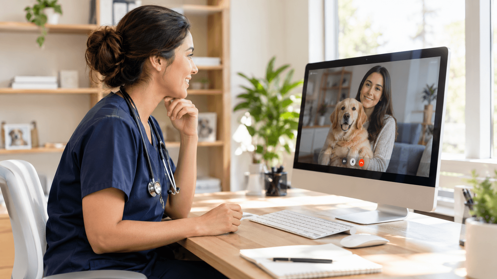 Veterinarian conducting a remote pet consultation using a white label veterinary telehealth app in a modern clinic
